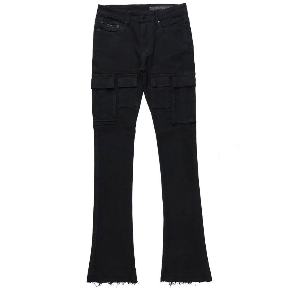 Rockstar Original Cargo Flare Stacked Jeans Mens Small Black Denim Stretch